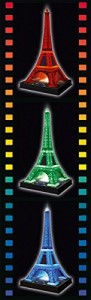 Puzzle 3D de la torre Eiffel iluminada con varios colores